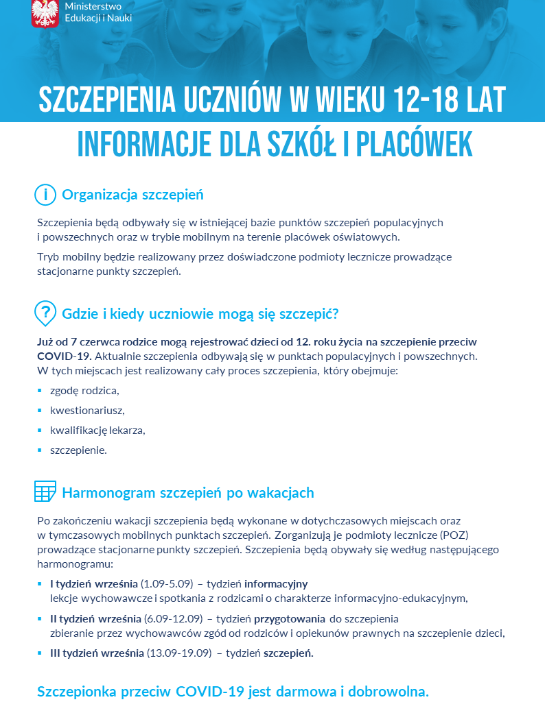 Szczepienia uczniw w wieku 12 18 lat informacje dla szk i placwek plakat informacyjny 794x1024